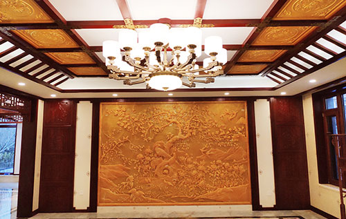 德化中式别墅客厅中式木作横梁吊顶装饰展示